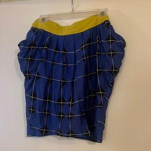 Blue print Odile Anthropologie skirt with yellow waist band and pockets